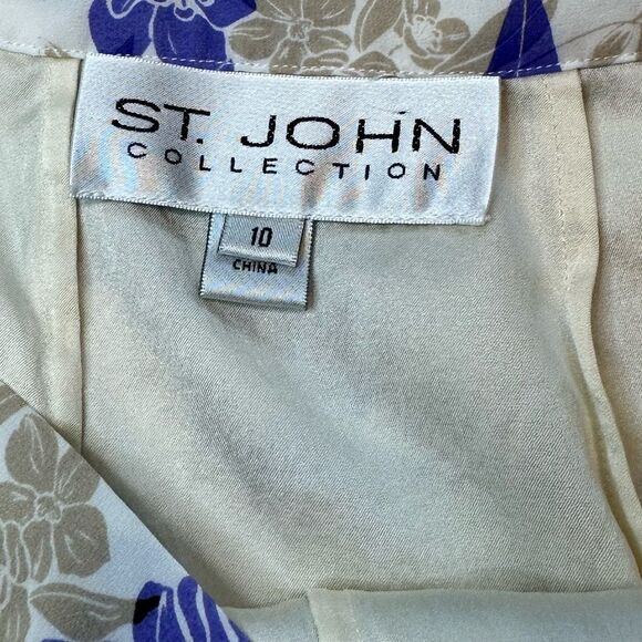 St. John Collection Skirt Size 10 Silk Blend Floral Lined Cream Blue Rare - Picture 2 of 11